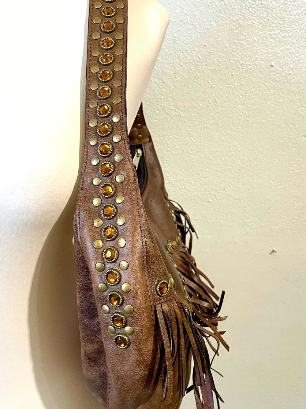 3D Belt Co Brown Leather Fringe Rhinestone Studded Hobo Bag Western NWT Purse